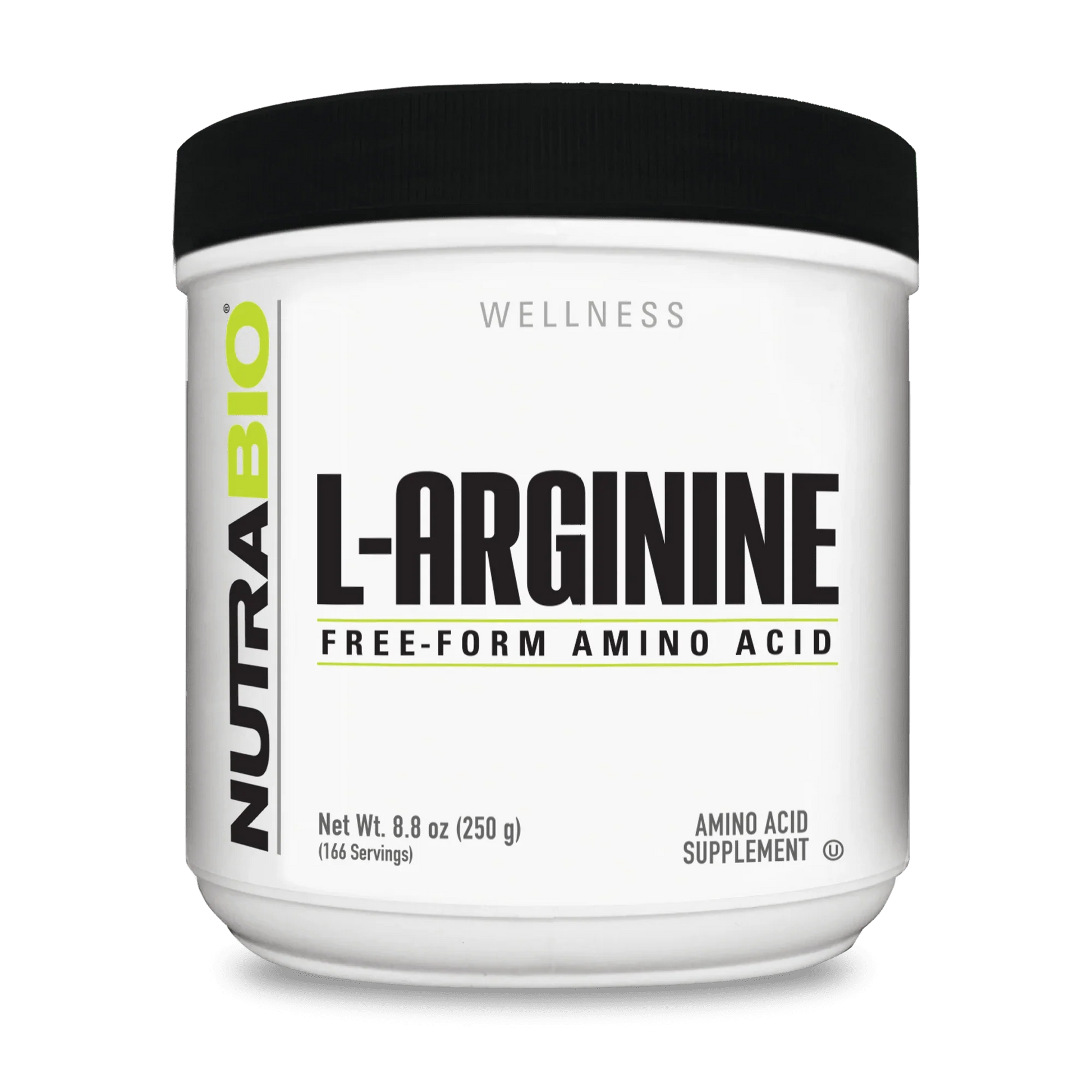 Nutrabio L Arginine Powder Free Form Amino Acid product container with 250g serving size for supplements