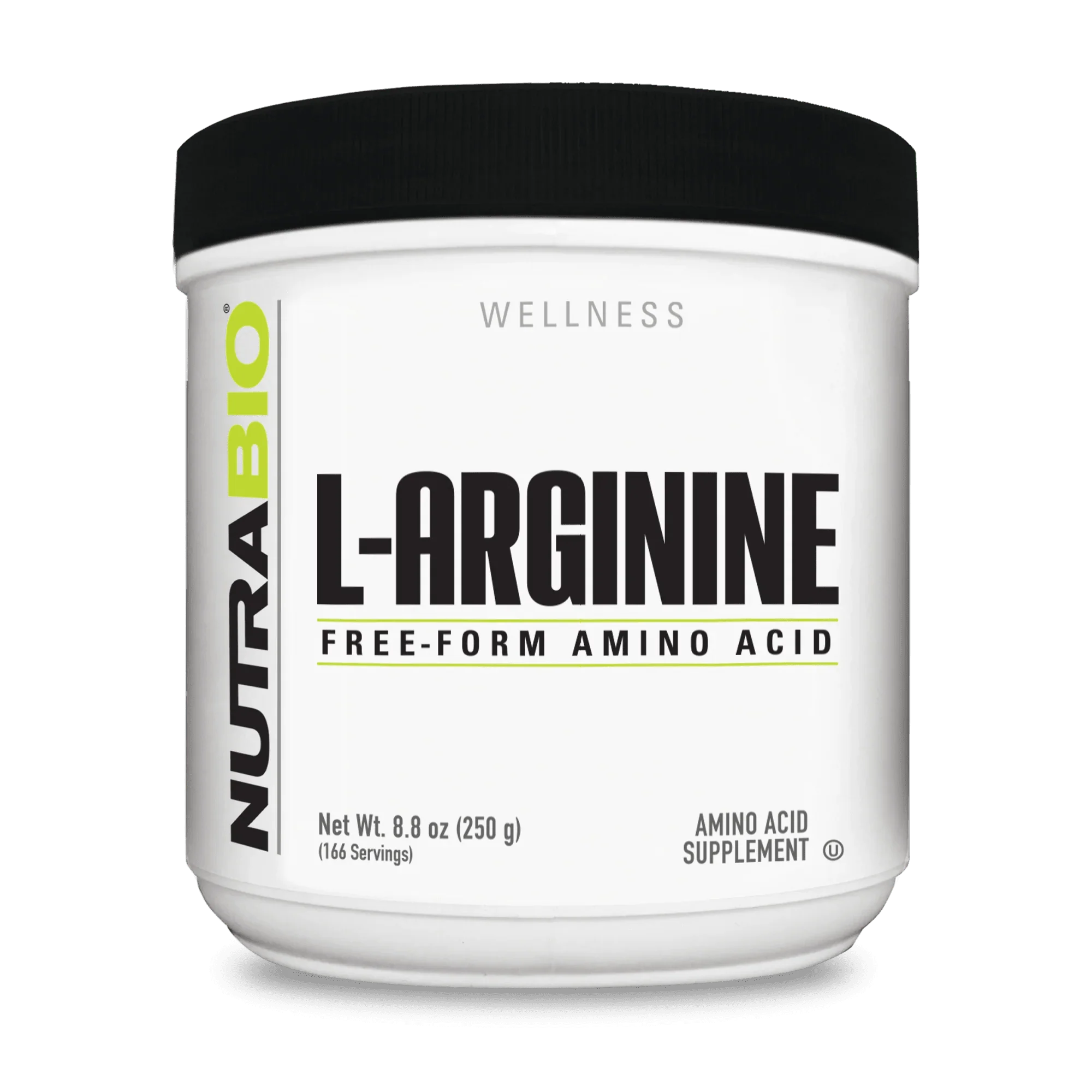 Nutrabio L Arginine Powder Free Form Amino Acid product container with 250g serving size for supplements