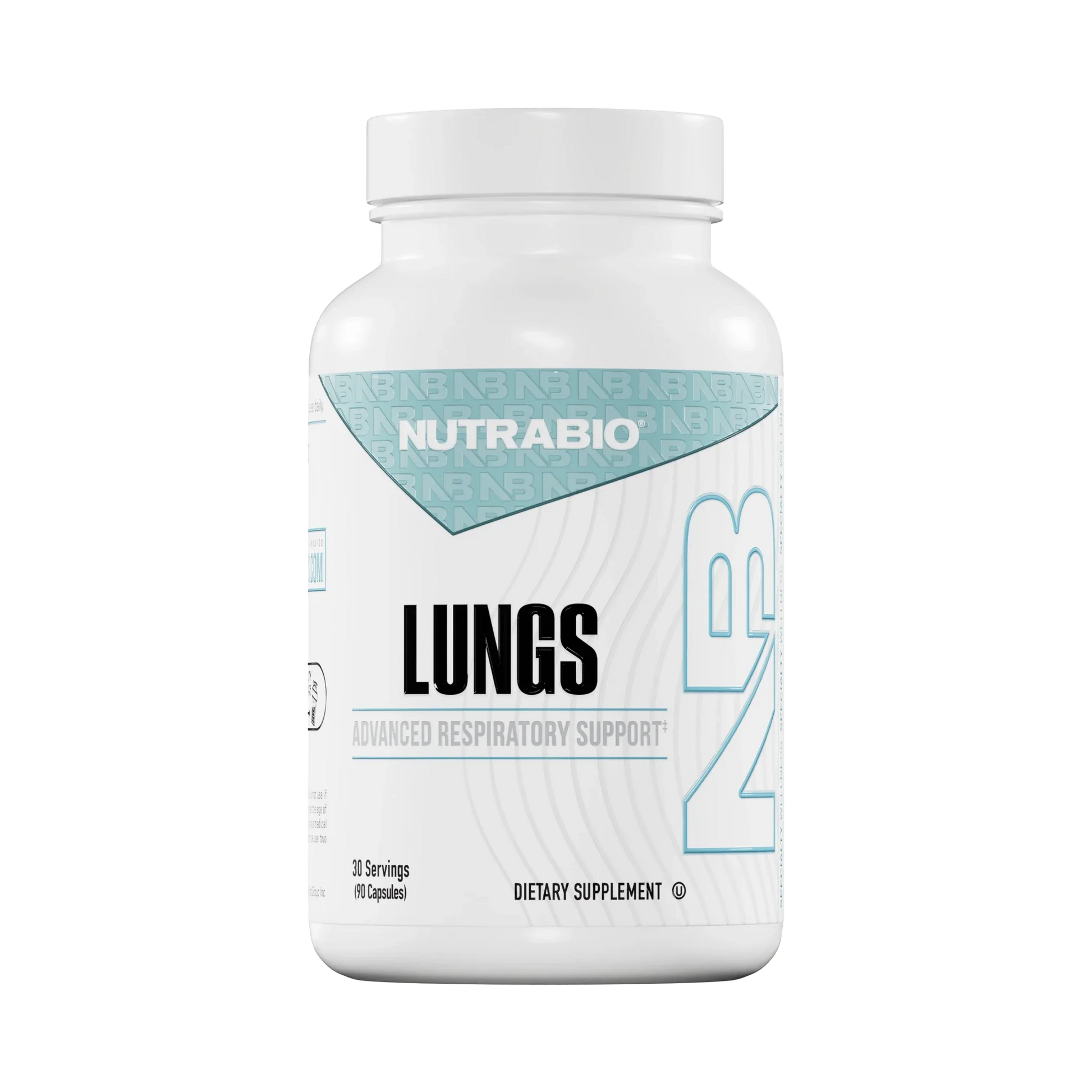 Nutrabio Lungs - Advanced Respiratory Support dietary supplement bottle with 30 servings for respiratory health.