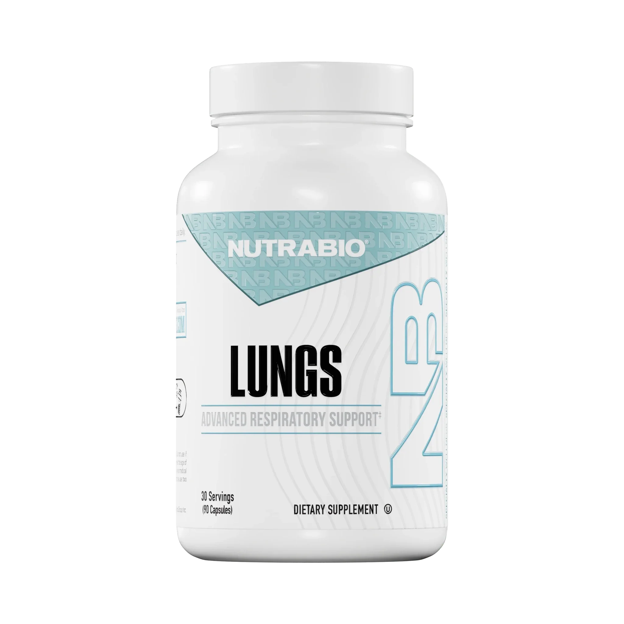 Nutrabio Lungs - Advanced Respiratory Support dietary supplement bottle with 30 servings for respiratory health.