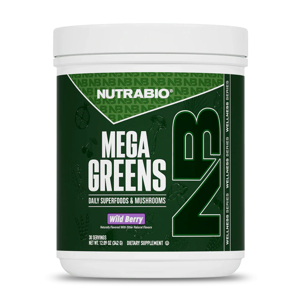 Nutrabio Mega Greens Daily Superfood & Mushrooms Wild Berry flavor dietary supplement container.