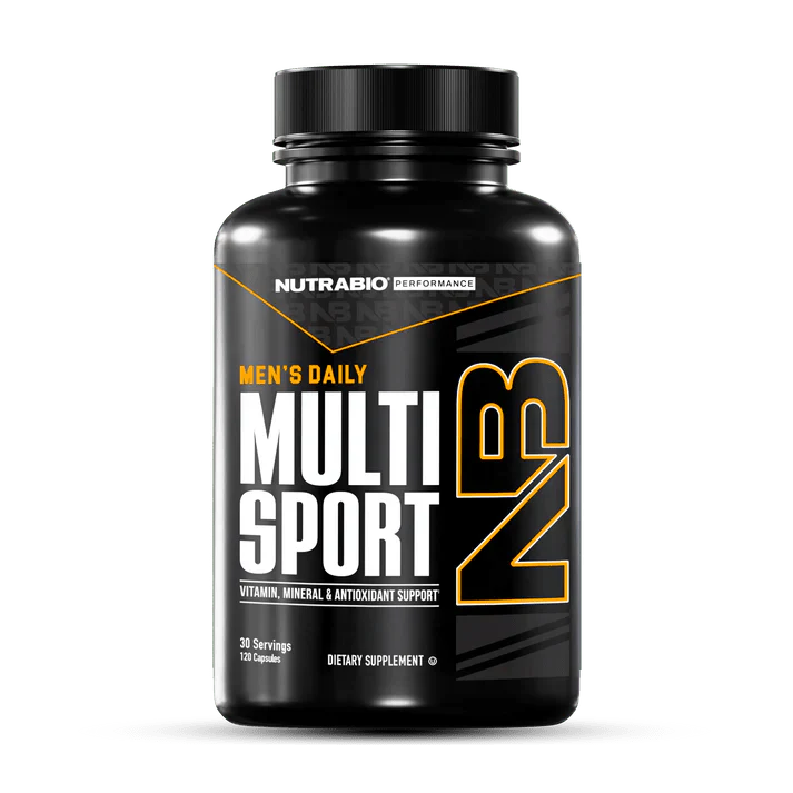 Nutrabio Multi Sport Vitamin Mineral & Antioxidant Support supplement bottle, optimized for men's health and performance