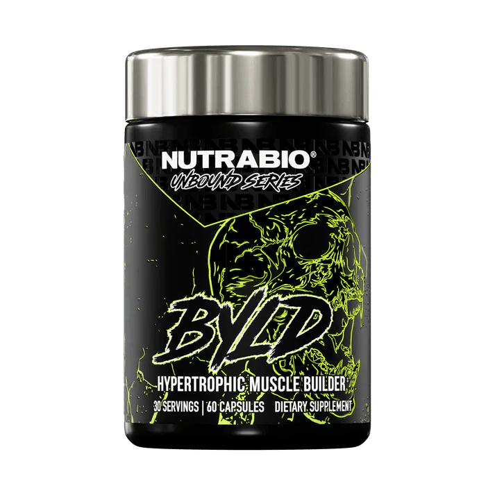 Nutrabio Unbound Series BYLD - Hypertrophic Muscle Builder dietary supplement in a black jar with yellow accents.