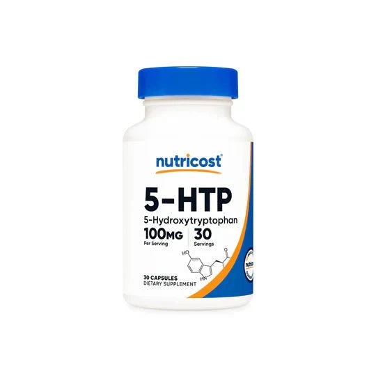 Nutricost 5-HTP - 30 Capsules bottle showcasing vegetarian capsules and 100mg per serving.