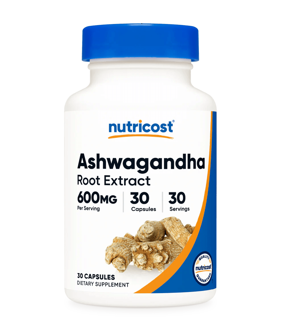 Nutricost Ashwagandha Root - 30 Capsules bottle showing 600 mg per serving and 30 capsules.