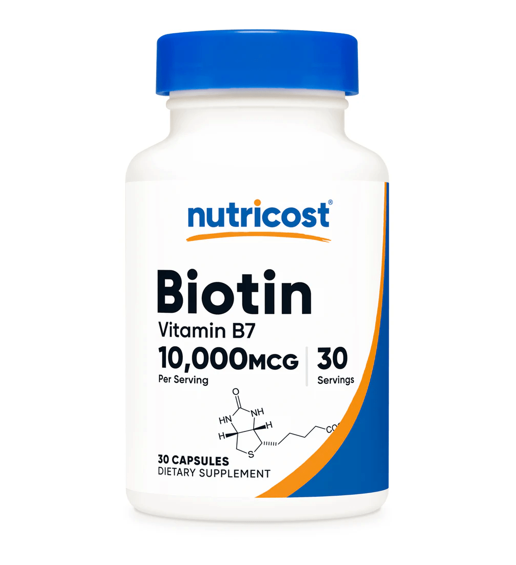 Nutricost Biotin 10000Mcg -30 Capsules bottle showcasing 30 servings of Vitamin B7 dietary supplement.