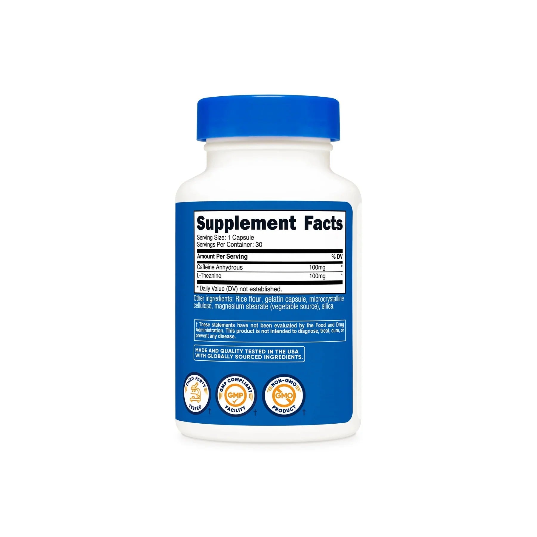 Nutricost Caffeine + L-Theanine - 30 Capsules supplement facts label showing 100 mg caffeine and 100 mg L-theanine per serving.