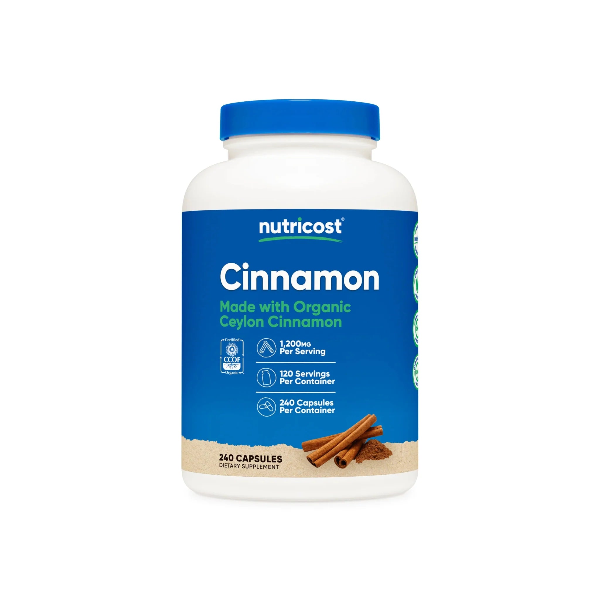 Nutricost Ceylon Cinnamon Organic 240 Capsules health supplement with cinnamon sticks and blue label.