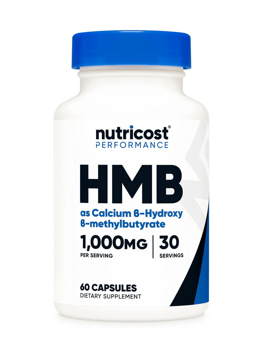 Nutricost HMB 60 Capsules dietary supplement bottle with 1000mg per serving for performance enhancement.