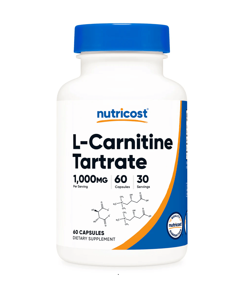Nutricost L-Carnitine Tartrate Capsules 1000 MG bottle featuring 60 capsules and detailed supplement information.