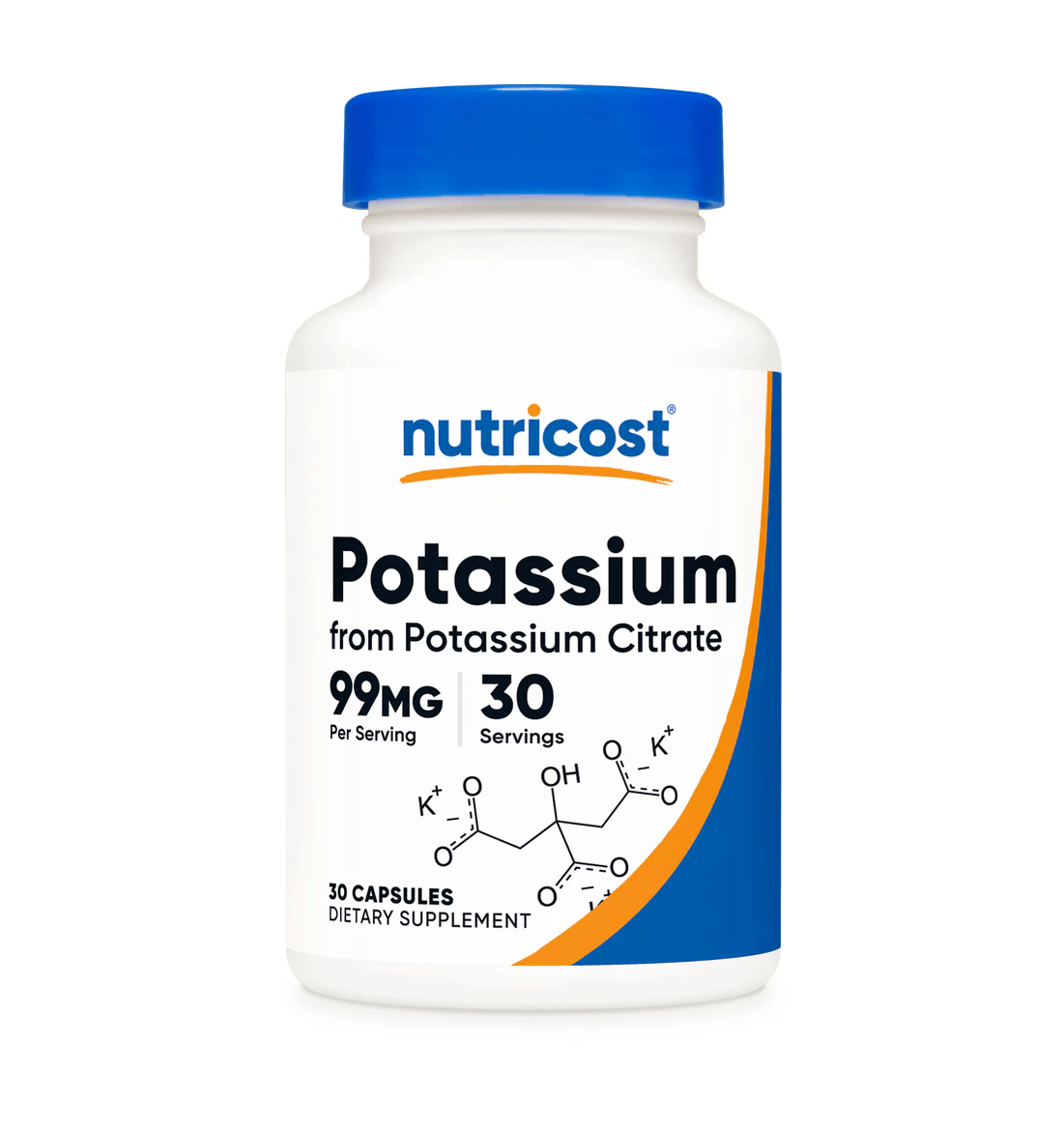 Nutricost Potassium Citrate 99 MG - 30 Capsules bottle with 99mg potassium per serving.