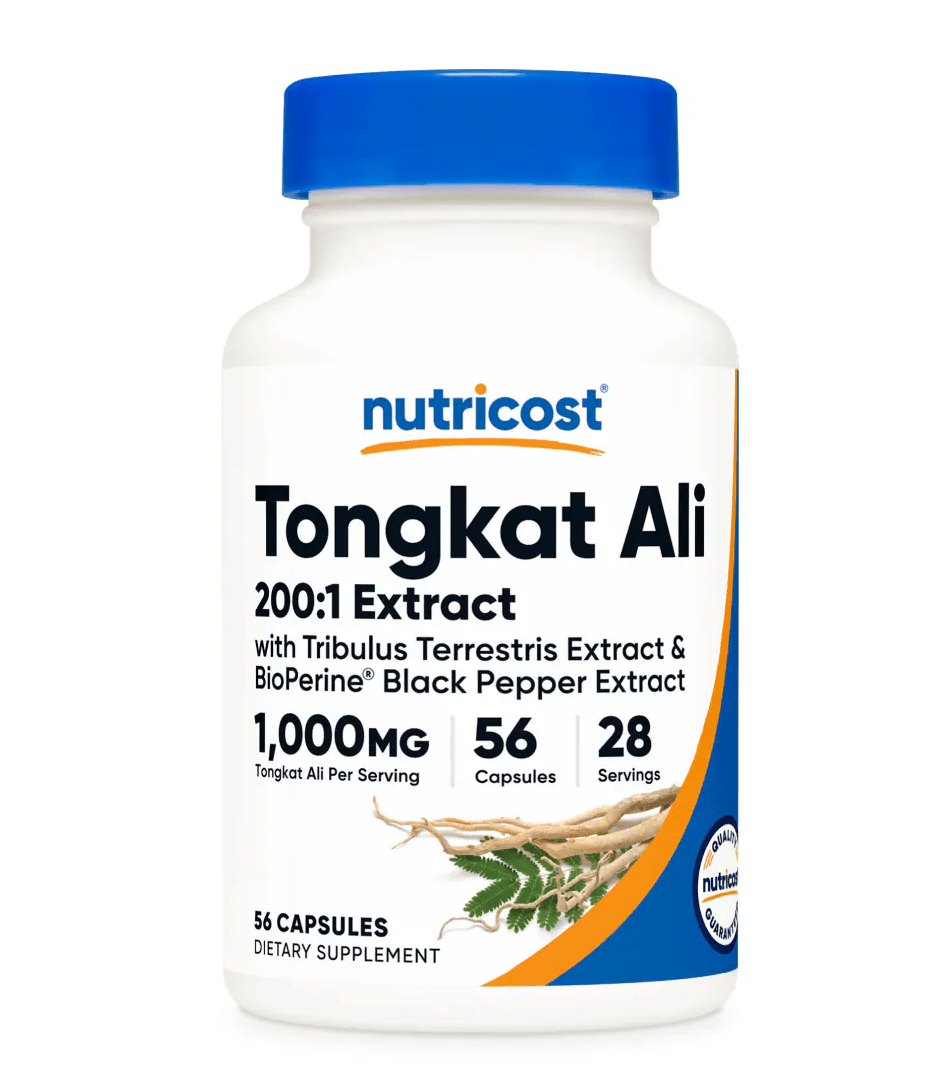 Nutricost Tongkat Ali - 56 Capsules bottle featuring 200:1 extract with 1,000mg per serving.