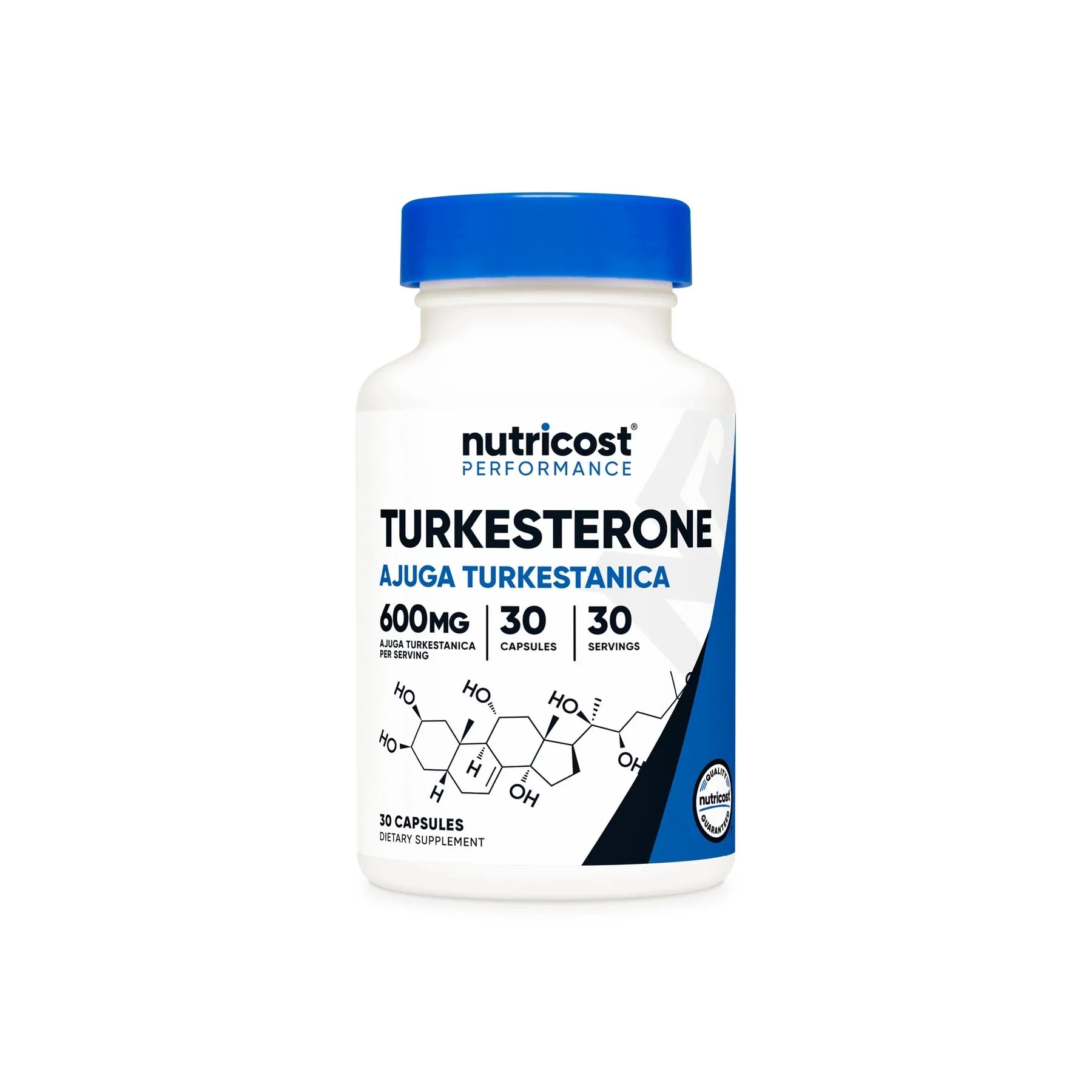 Nutricost Turkesterone 600 Mg - 30 Servings dietary supplement bottle with blue lid and capsule details.