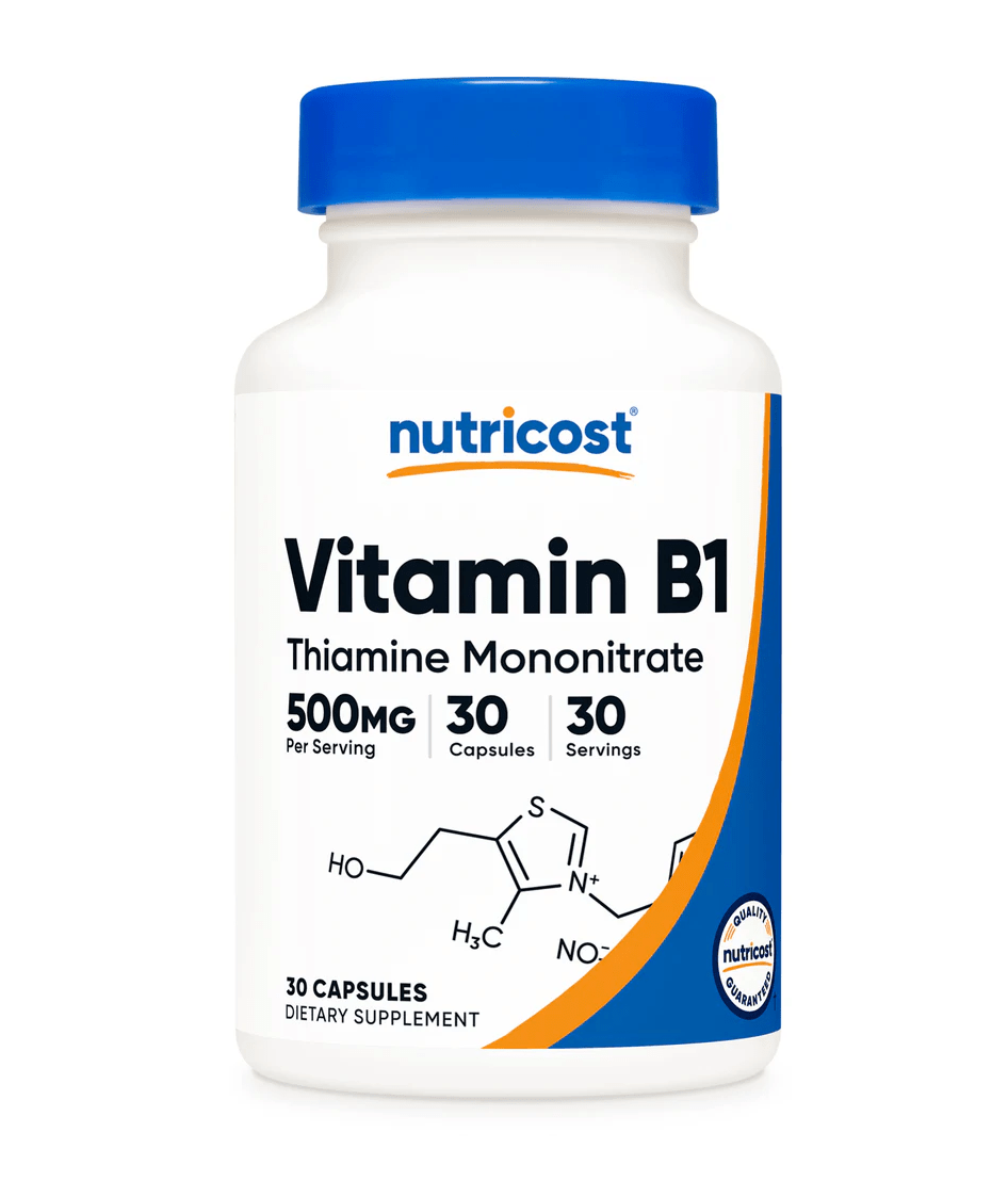 Nutricost Vitamin B1 Thiamin Capsules bottle with 500 MG and 30 capsules for dietary supplement.