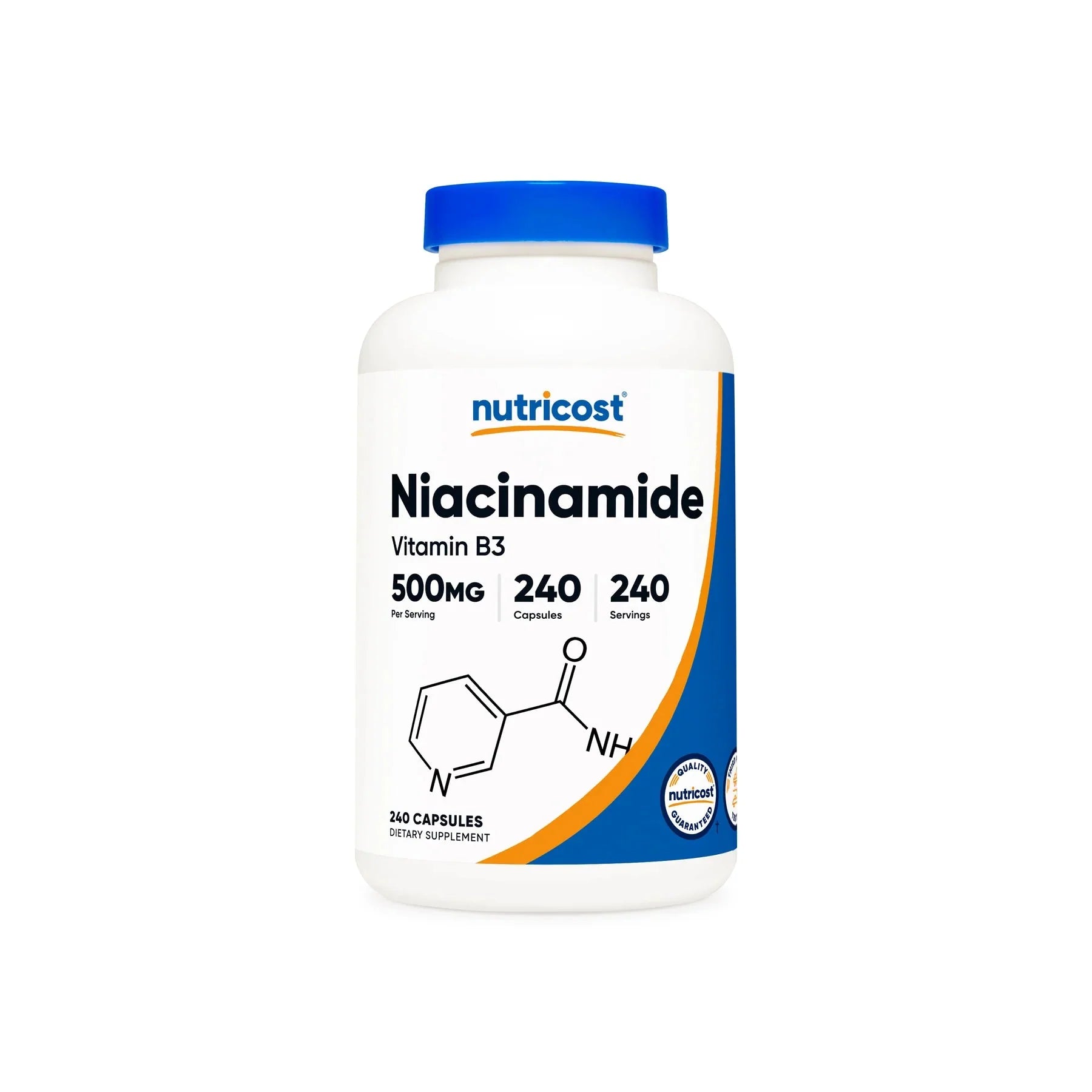 Nutricost Vitamin B3 Niacinamide 240 Capsules bottle showcasing 500mg Niacinamide per serving.
