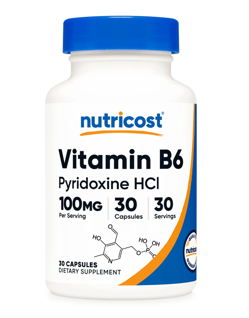 Nutricost Vitamin B6 Capsules Pyridoxine HCL 100 MG - 30 CAPS bottle with blue lid and detailed label.