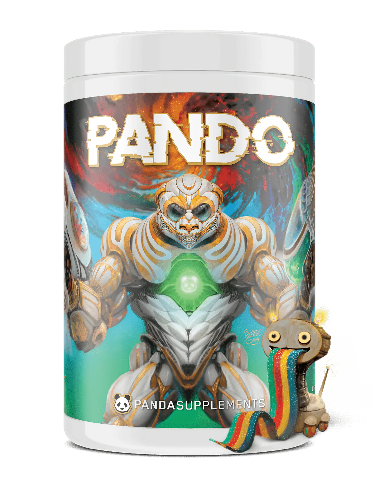 Panda All New PANDO Pre Workout supplement container with vibrant artwork and branding.