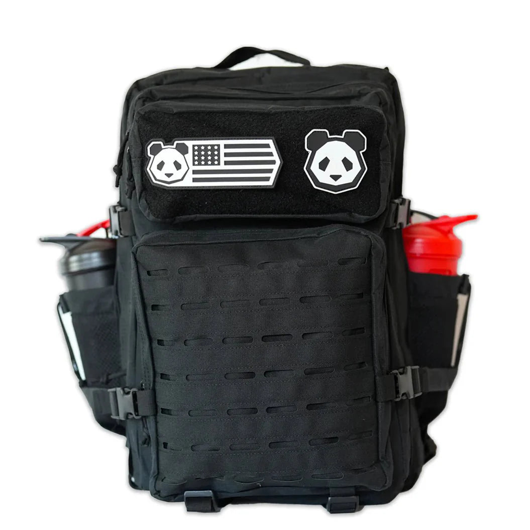 Panda Tactical Backpacks featuring dual cup holders and removable patches in a sleek black design.