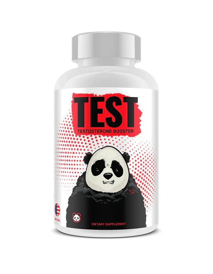 Panda TEST - Testosterone Booster bottle featuring a panda illustration and bold red label.