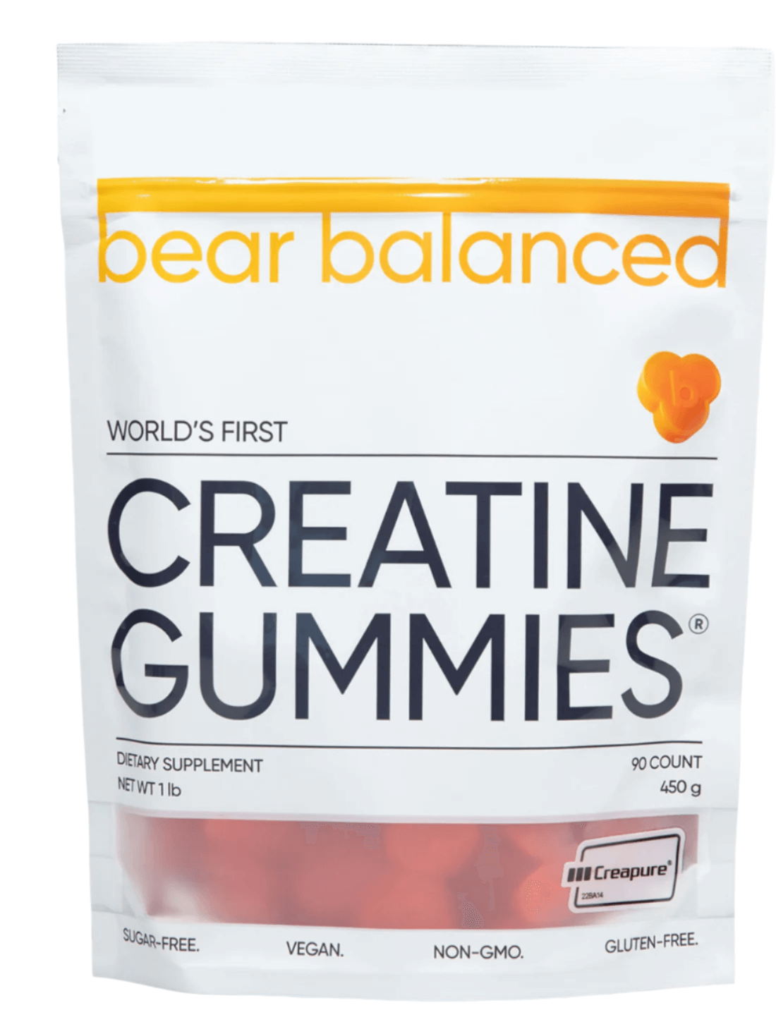 Bear Balanced Creatine Gummies packet showcasing world's first creatine gummies, sugar-free and vegan dietary supplement.
