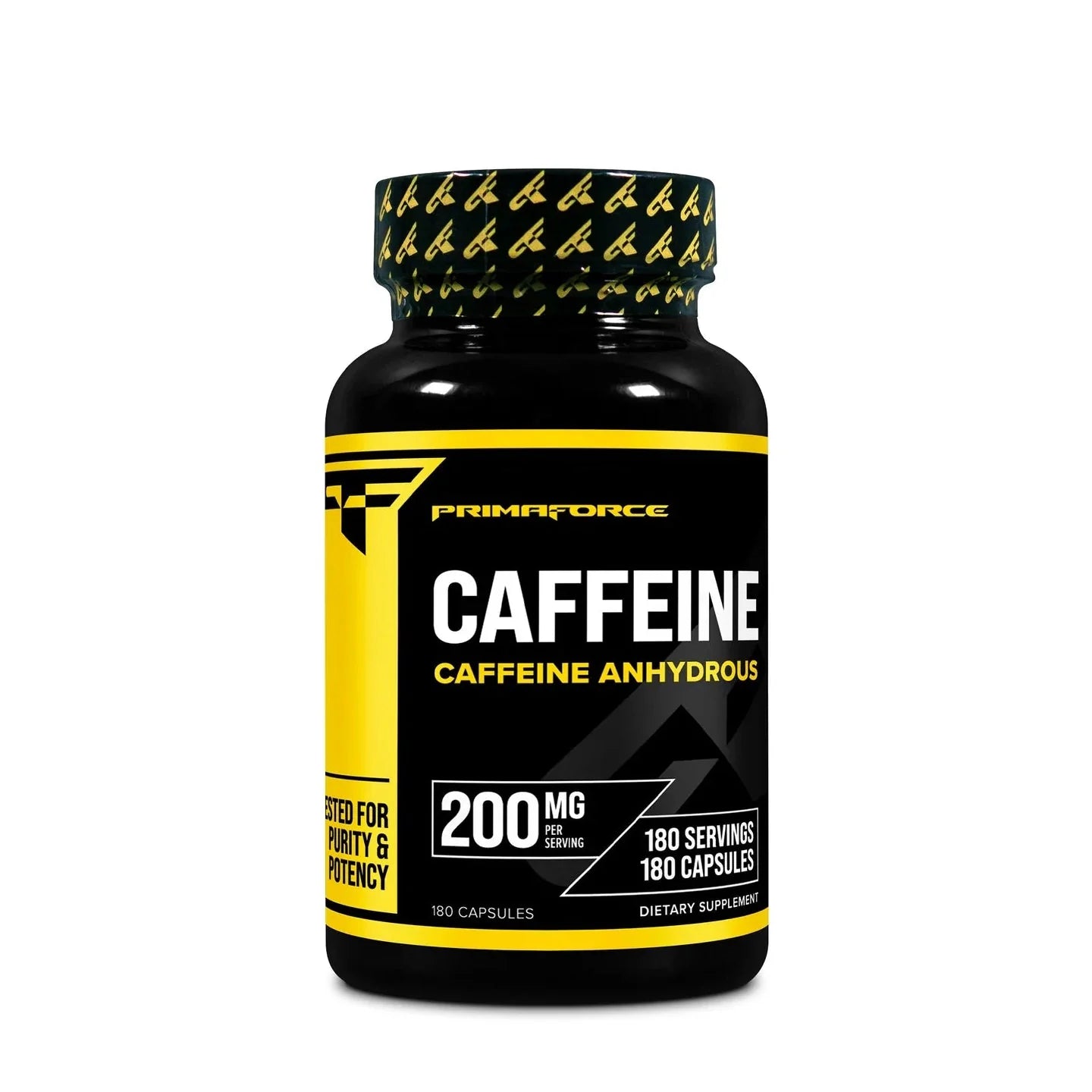 PrimaForce Caffeine 200mg - 180 Capsules bottle showcasing 200mg caffeine per serving, ideal dietary supplement.