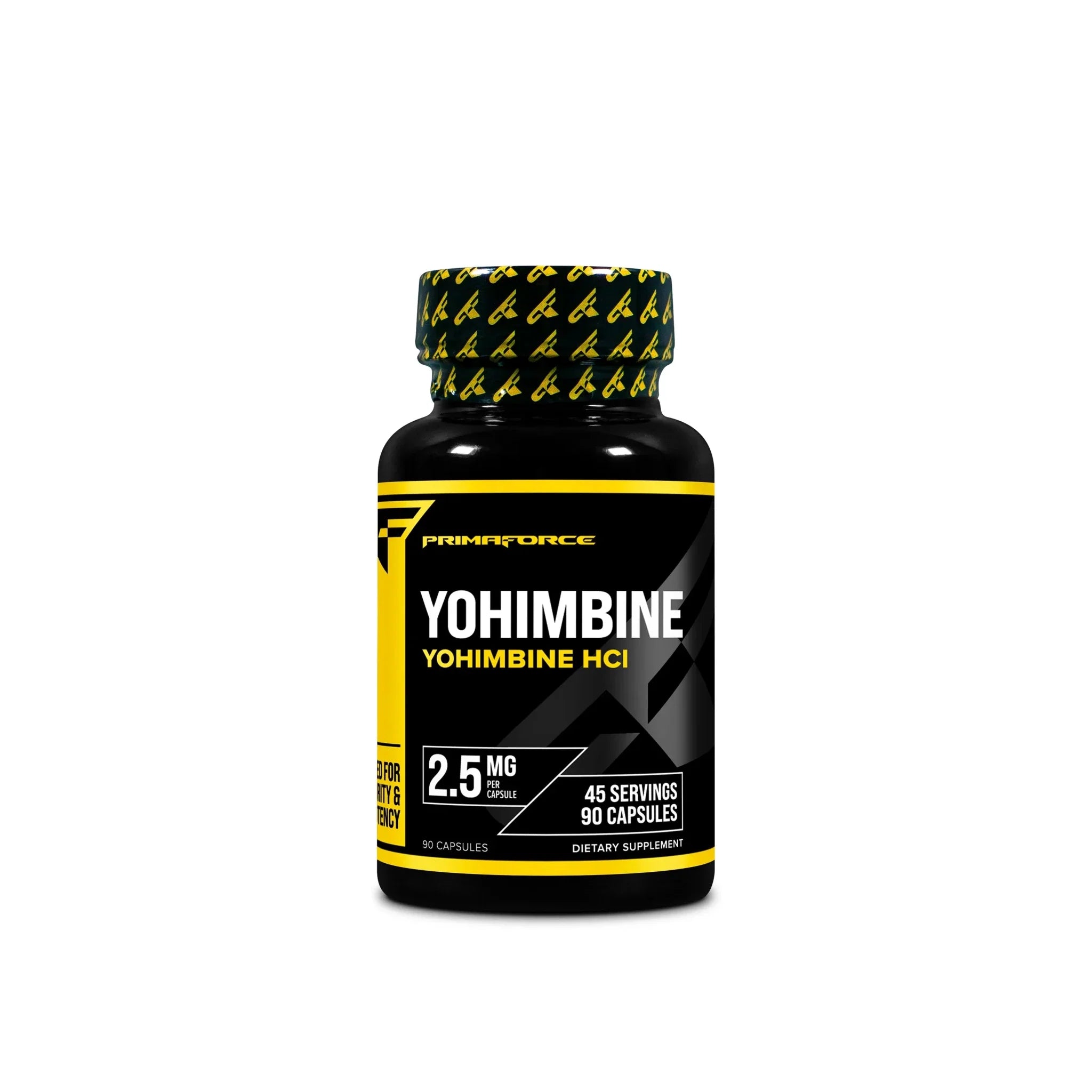 PrimaForce Yohimbine HCl 90 Capsules bottle with 2.5mg yohimbine, 45 servings, dietary supplement.