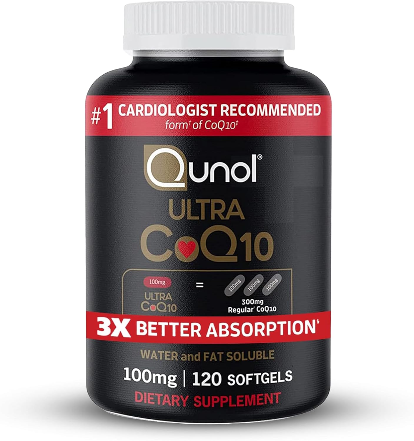 Qunol Ultra Coq 10 100 Mg dietary supplement bottle with 120 softgels, promotes better absorption and energy support.