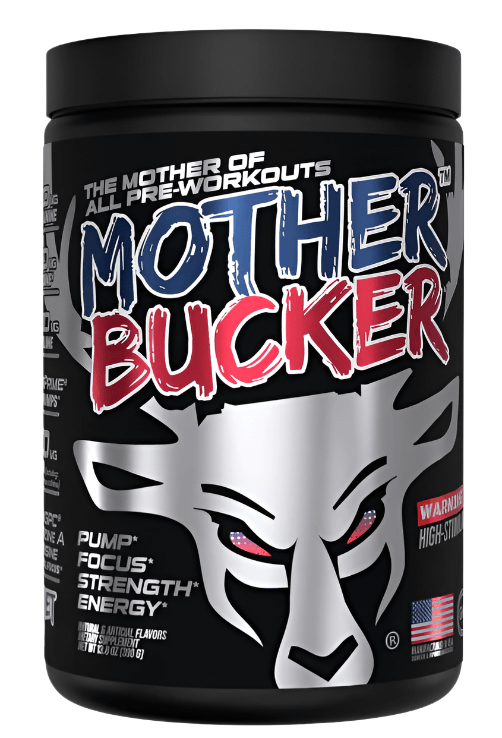 Bucked Up MOTHER BUCKER High-Stimulant Pre-Workout Formula container with bold design and stimulant focus.