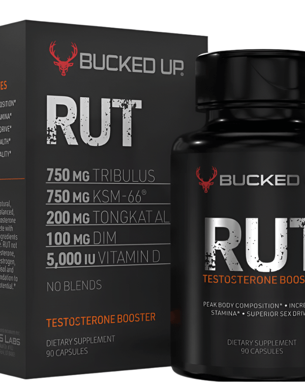 Bucked Up Rut Booster Vitality Formula bottle and box promoting vitality and strength with premium vitamins.