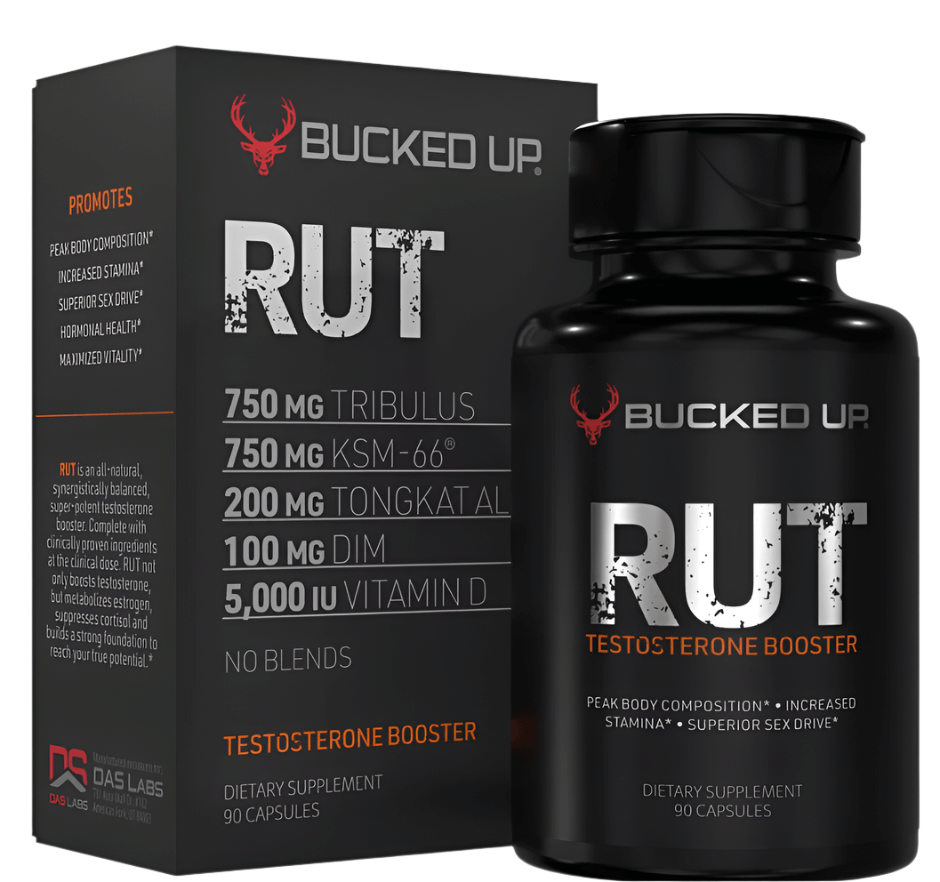 Bucked Up Rut Booster Vitality Formula bottle and box promoting vitality and strength with premium vitamins.