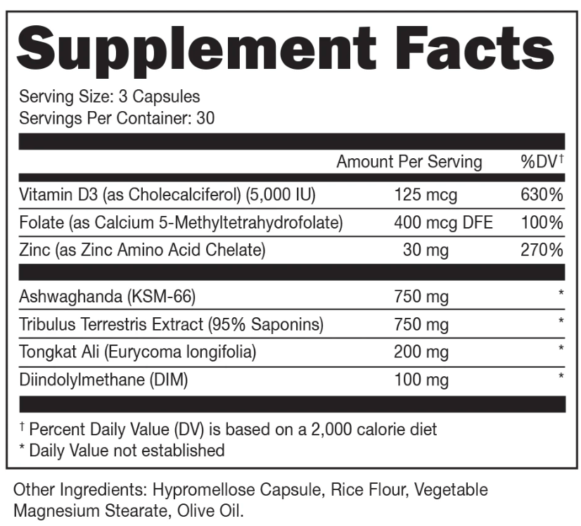 Supplement facts for Bucked Up Rut Booster Vitality Formula detailing nutrients and servings per container.