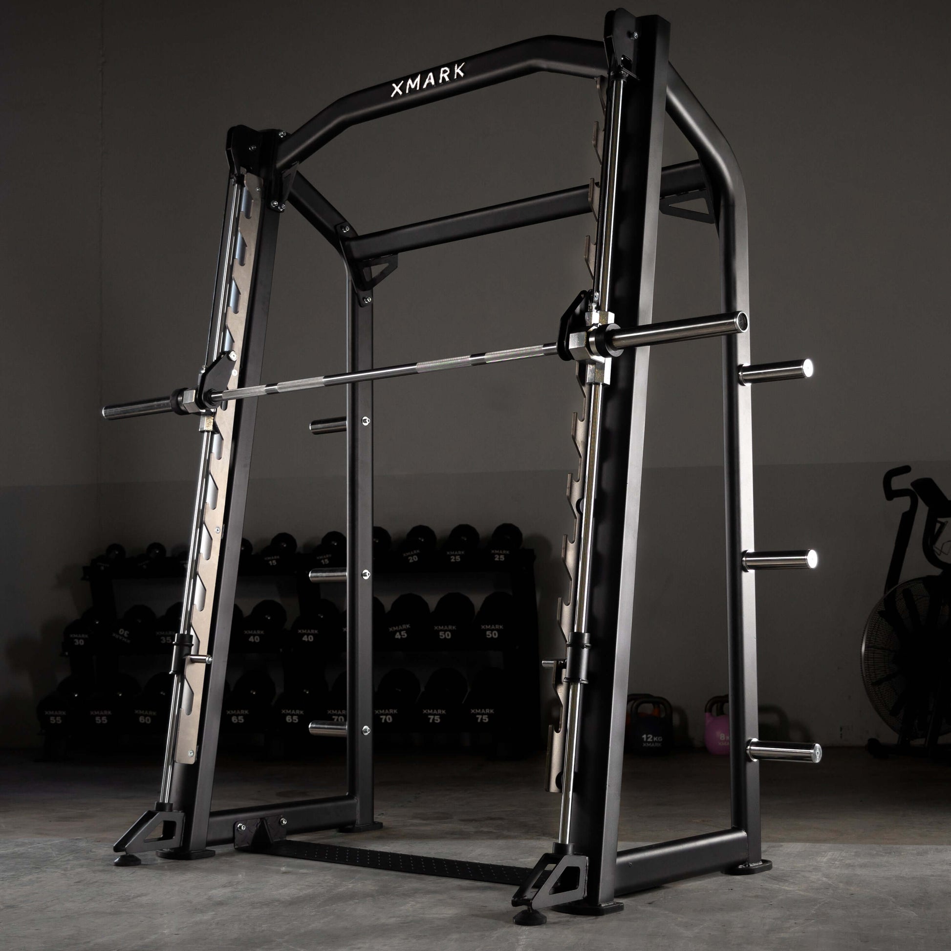 Commercial Smith Machine featuring heavy-duty steel construction and linear bearing system for smooth lifts.