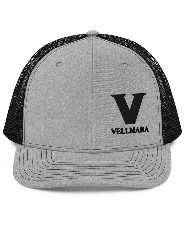 Trucker Hat By Vellmara featuring a gray front and black mesh back with embroidered logo.