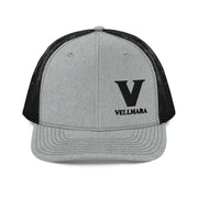 Trucker Hat By Vellmara featuring a gray front and black mesh back with embroidered logo.