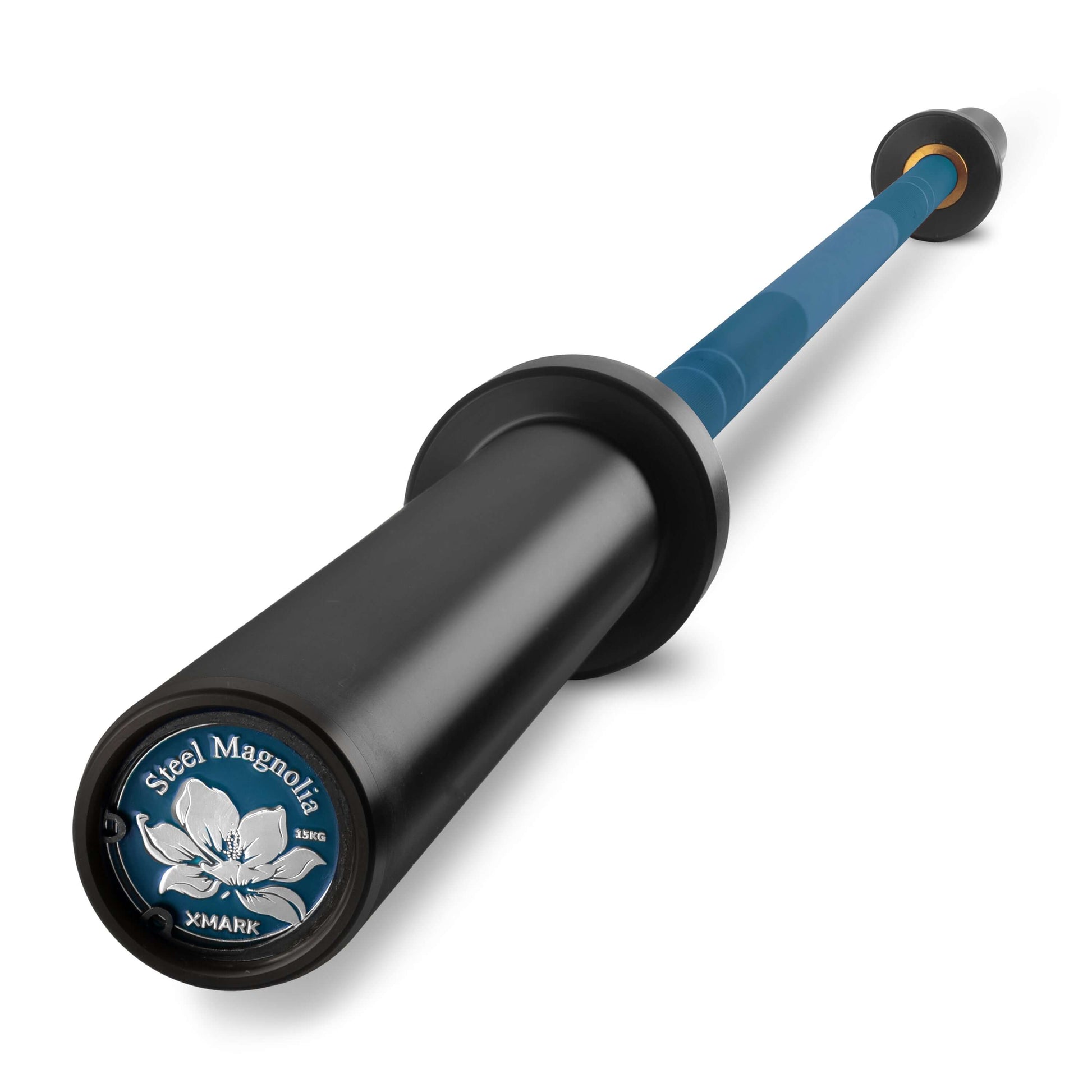 Steel Magnolia IWF Women’s Training Bar with blue accents and black grips for enhanced performance in heavy lifting.