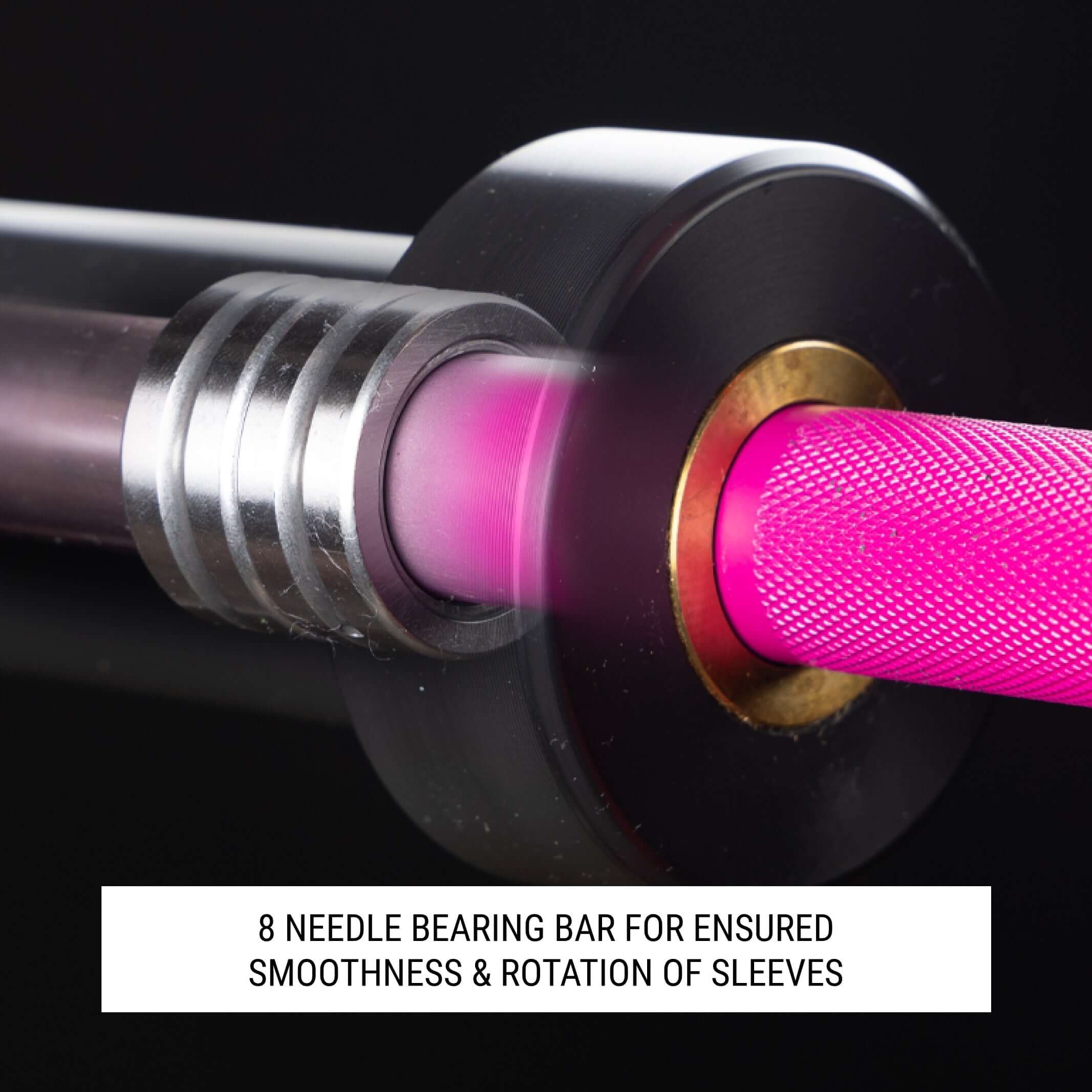 Close-up of Steel Magnolia IWF Women’s Training Bar showcasing 8 needle bearing for smooth sleeve rotation.