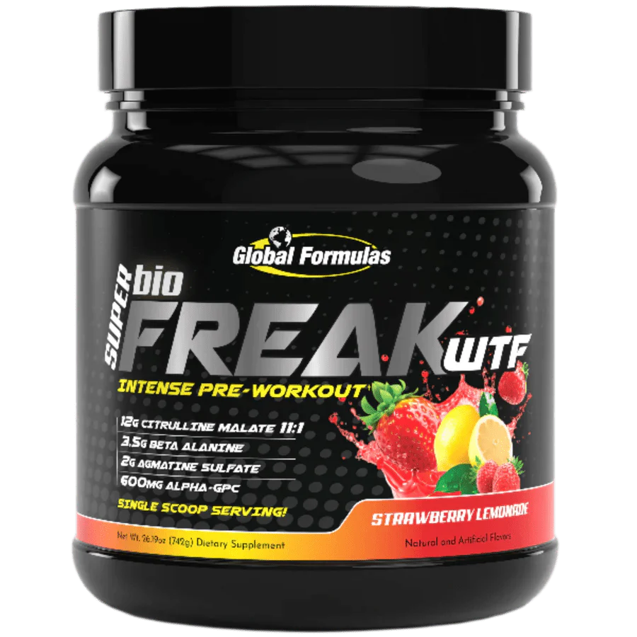 Global Formulas SUPER bioFREAK WTF intense pre-workout supplement in a jar with strawberry lemon flavor.
