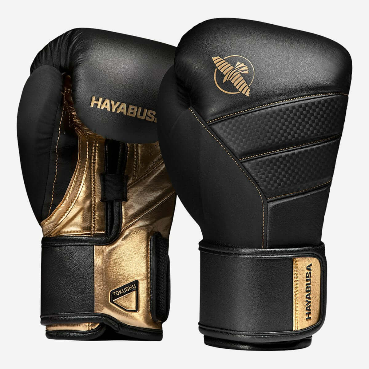 Hayabusa T3 Performance Boxing Gloves in black and gold featuring ergonomic design and wrist support.