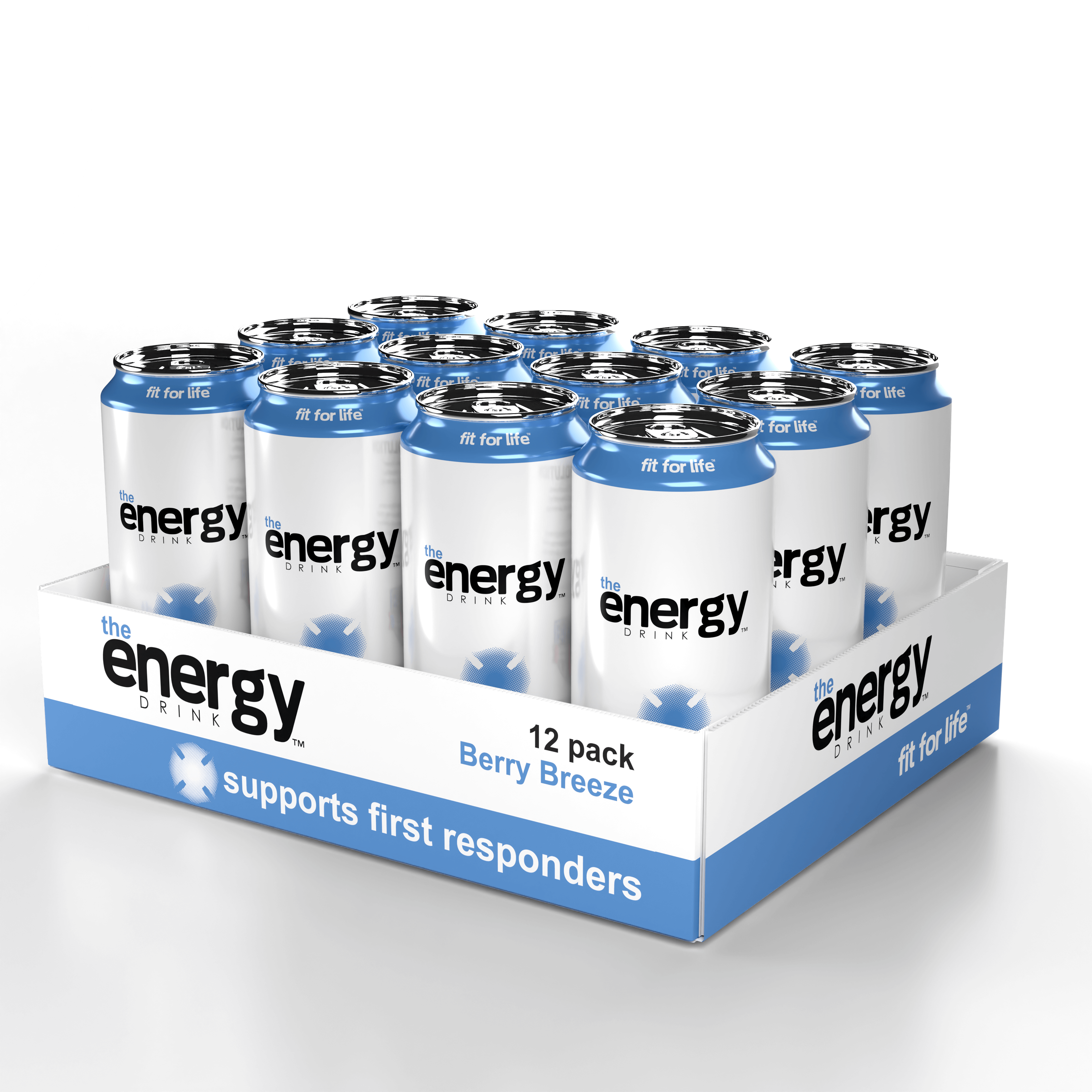 the Energy Drink Berry Breeze 12-Pack featuring cans in a display box, supports first responders with performance-driven hydration.