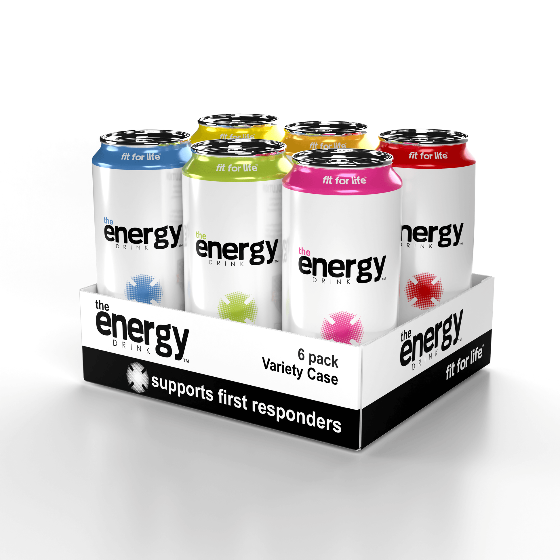 the Energy Drink Variety 6-Pack in a display case featuring six different flavors.