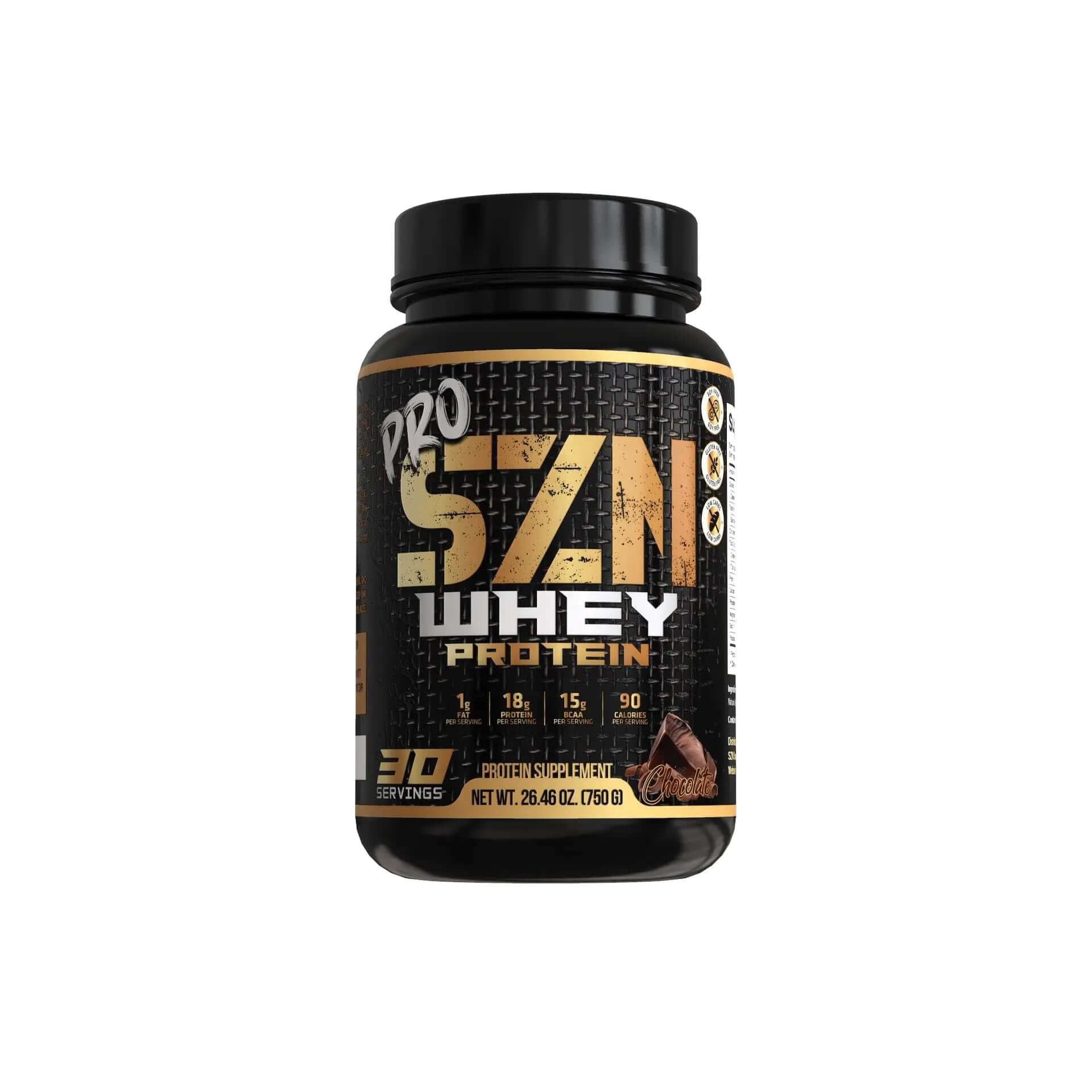 Pro-SZN Chocolate Whey Protein supplement bottle featuring a black design and chocolate flavor.