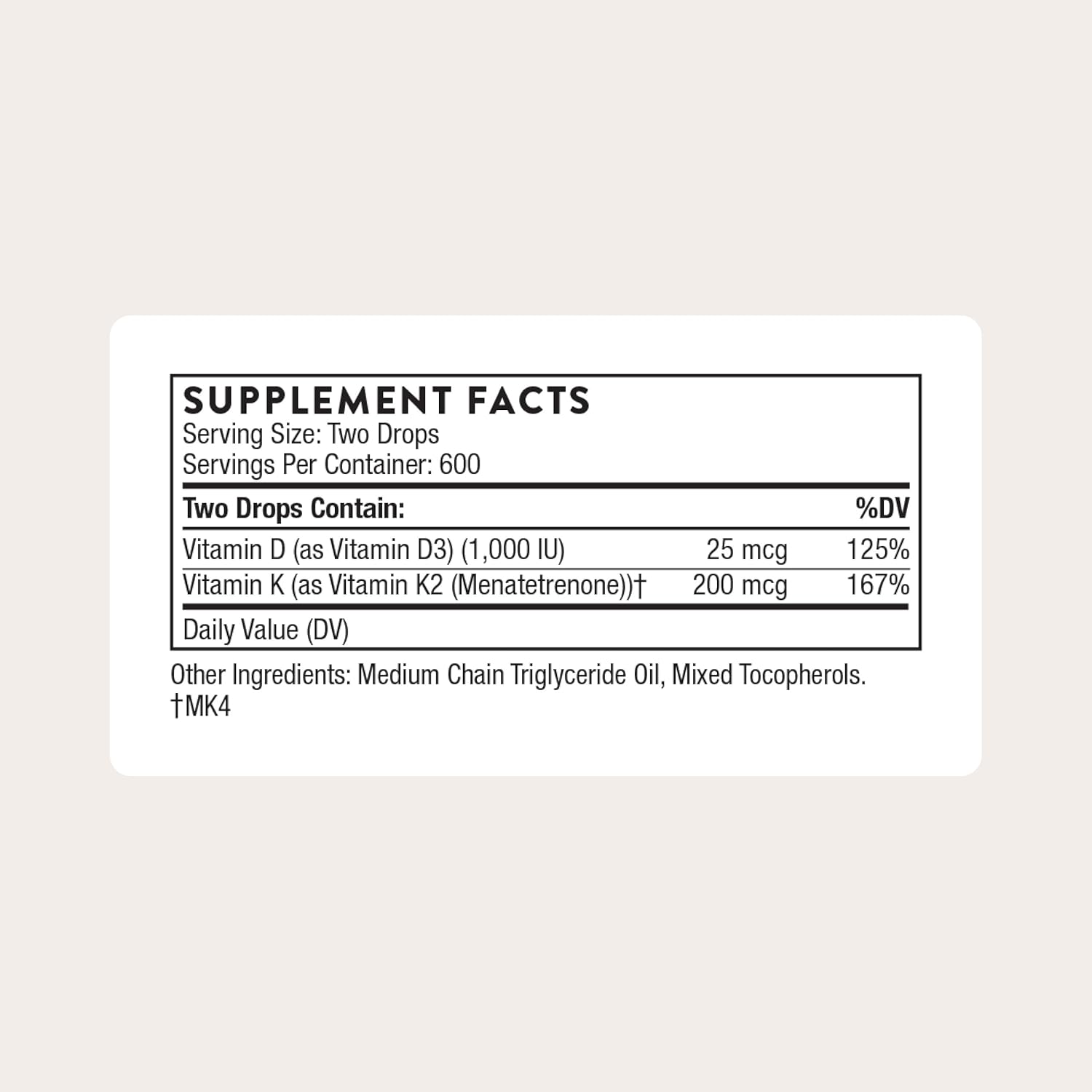 THORNE - Vitamin D + K2 Liquid - 1 Fl Oz (30 ml) - 600 Servings