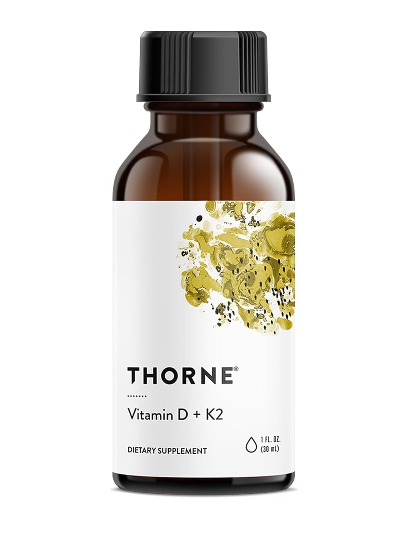 THORNE - Vitamin D + K2 Liquid - 1 Fl Oz bottle for dietary supplements, features a metered dispenser and 600 servings.