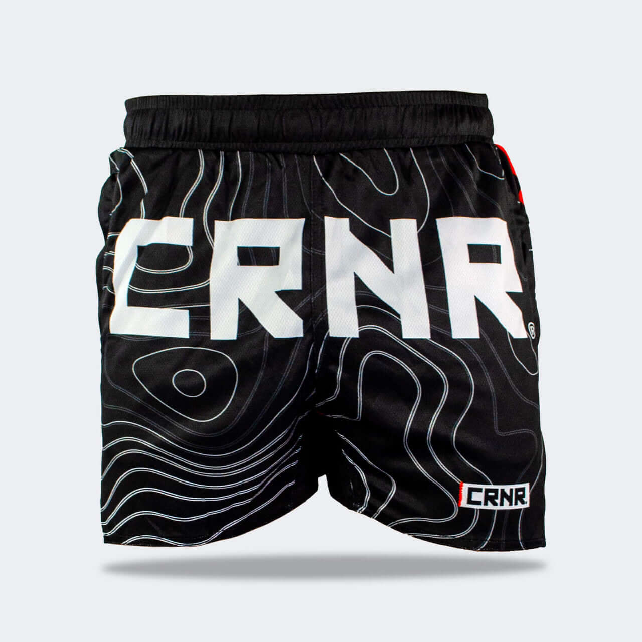 FORM TRAINING SHORTS by Combat Corner featuring black design with bold CRNR lettering and a stylish contour pattern.