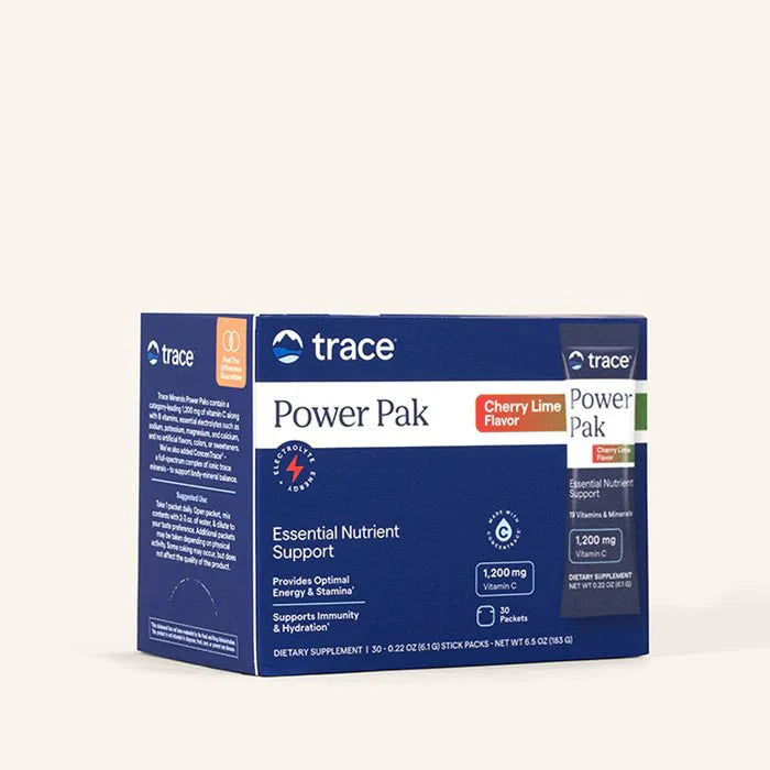 Trace Minerals Power Pak Essential Nutrient Support -30 Packets with Cherry Lime Flavor packaging.