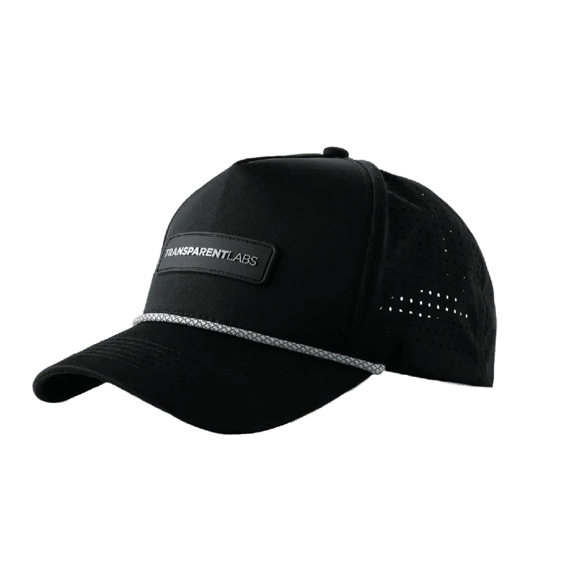 Transparent Labs 5 Panel Black Cap featuring breathable fabric and adjustable fit for workouts or casual wear.