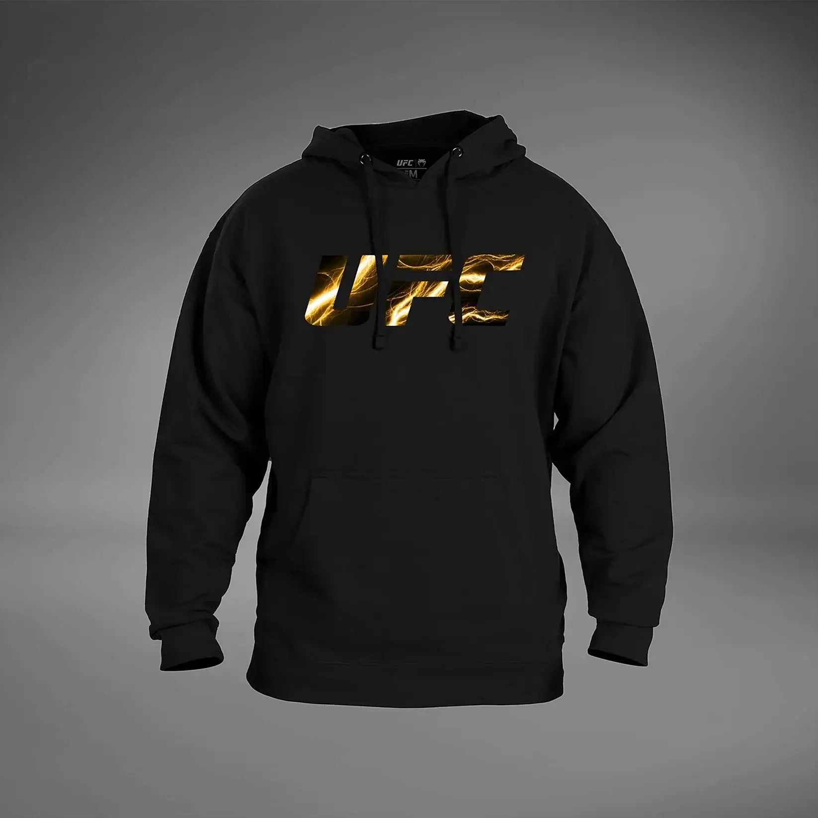 UFC Unrivaled Israel Adesanya Hoodie featuring a bold gold UFC logo on a black background.