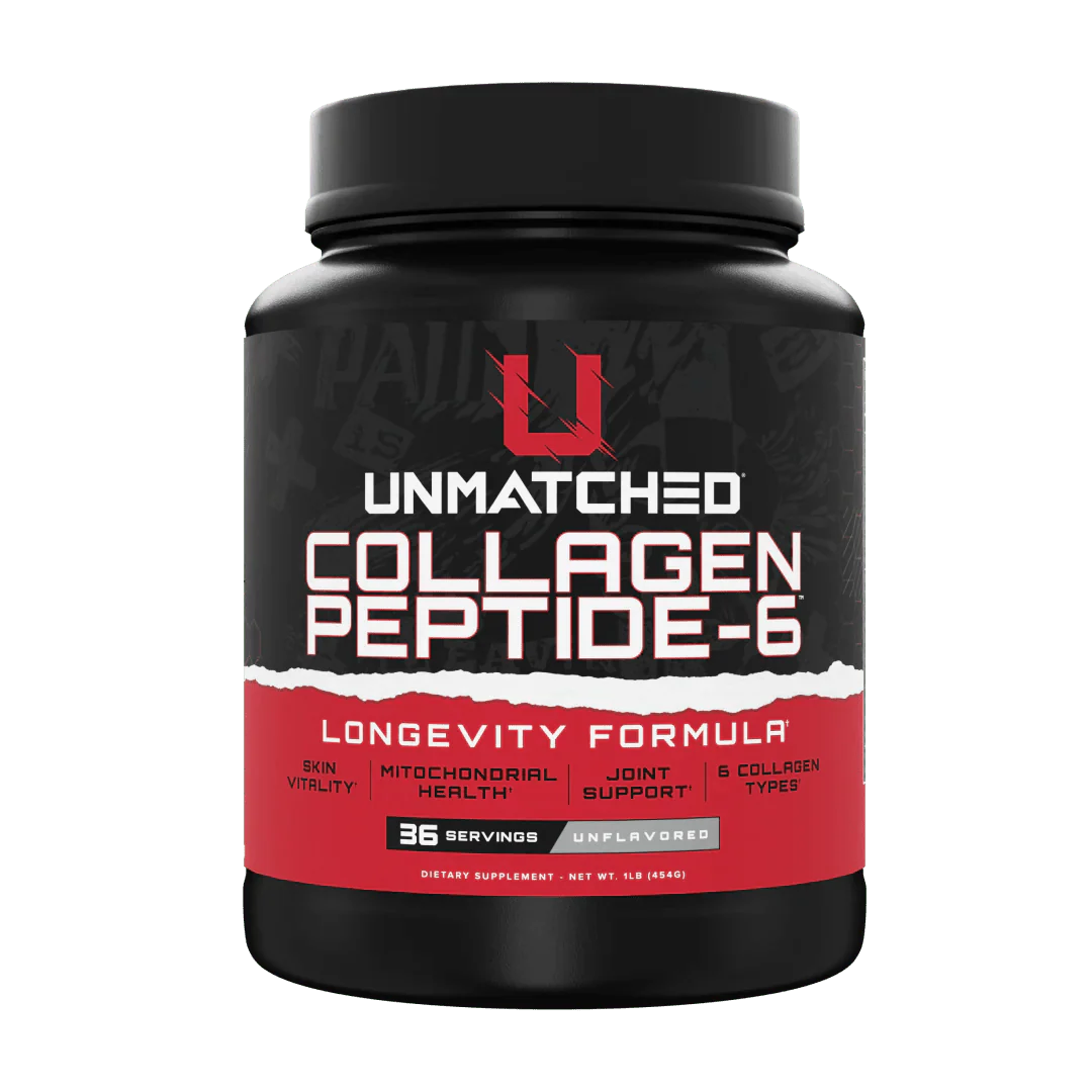 Unmatched Collagen Peptide-6 Longevity Formula bottle, featuring 6 collagen types and supporting skin, hair, nails, and joints.