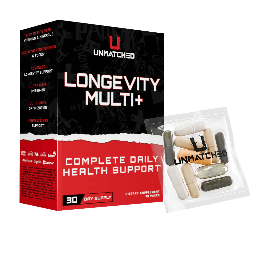 Unmatched Logevity Multi+ dietary supplement pack highlighting complete daily health support and essential vitamins.