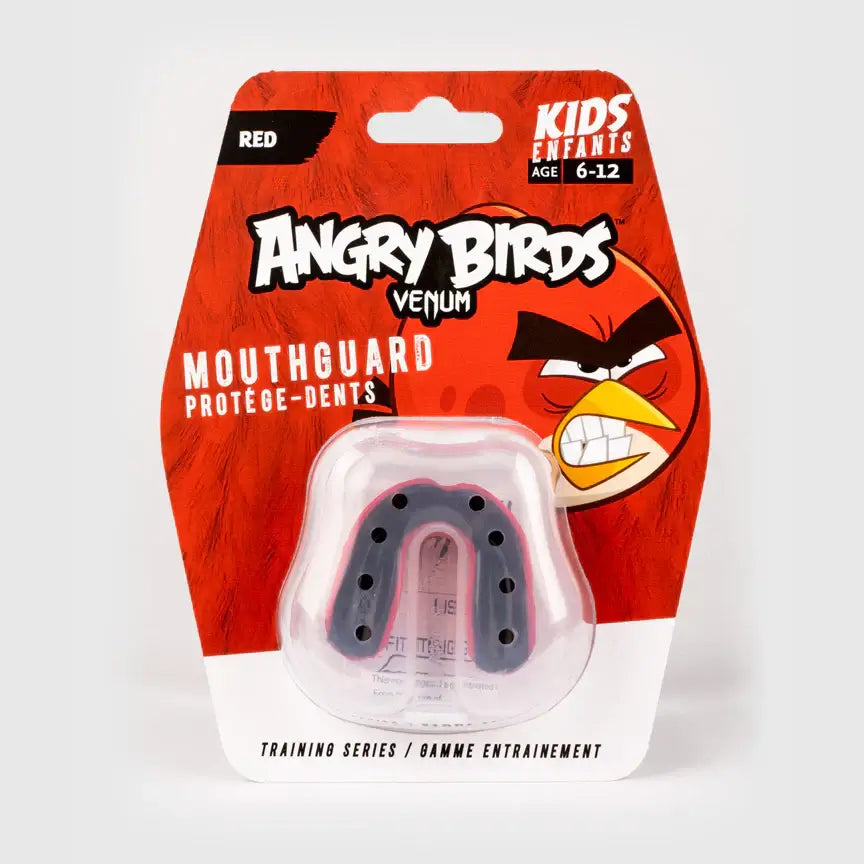 Venum Challenger Angry Birds Kids Mouthguard packaging with red design and mouthguard displayed inside.